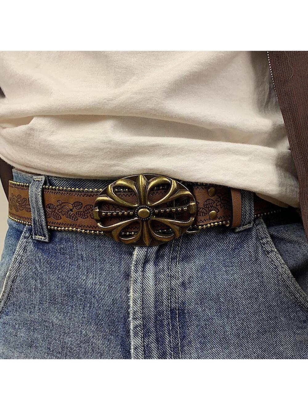 Western floral gold beaded boho brown belt. 38.5 inches length. 1.5 inch width. - Picture 8 of 8
